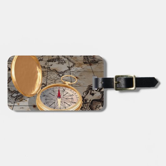 ヴィンテージ金ゴールドコンパスオンアンティーク海賊地図 ラゲッジタグ (正面横)