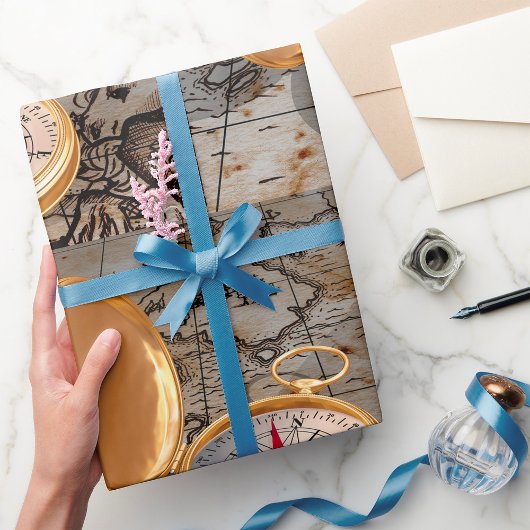 ヴィンテージ金ゴールドコンパスオンアンティーク海賊地図 ラッピングペーパー