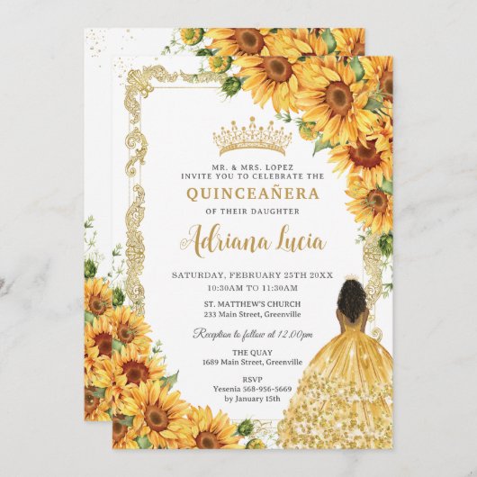 ヴィンテージ金ゴールドサンフラワーブラウンプリンセスキンセアニラ 招待状 (正面/裏面)