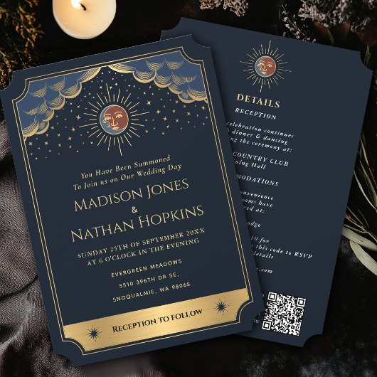 ヴィンテージ金ゴールドサンムーンタロット結婚のQRコード 招待状