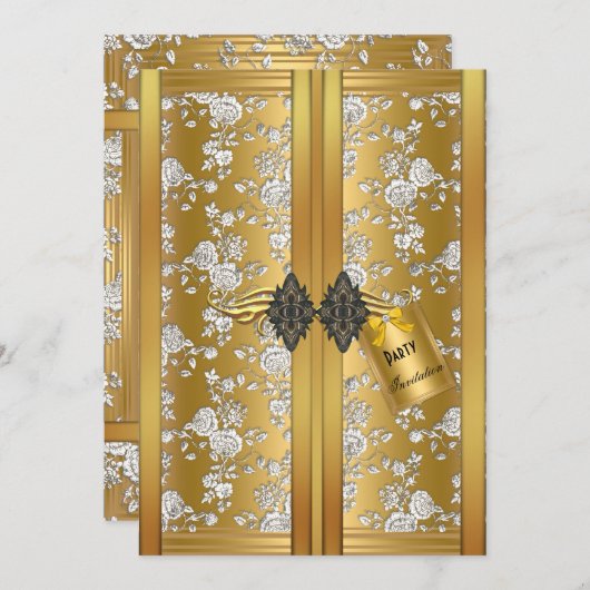 ヴィンテージ金ゴールドシルバーバラダマスクカップボードパーティー 招待状 (正面/裏面)