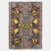 ヴィンテージ金ゴールドスクロールイエローフラワーブロンズフローラ スローブランケット (正面縦)