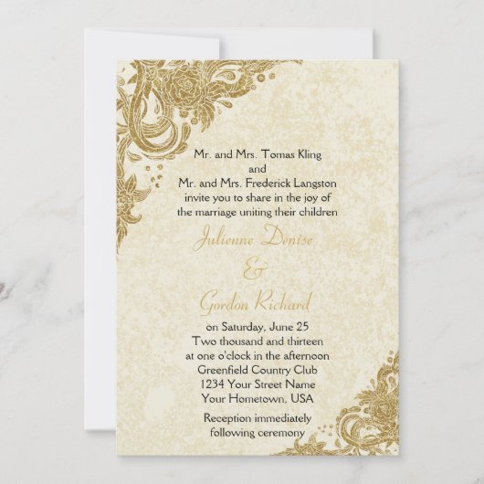 ヴィンテージ金ゴールドスパークルロセッテオンクリームウェディング 招待状 (正面)