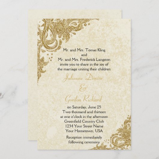 ヴィンテージ金ゴールドスパークルロセッテオンクリームウェディング 招待状 (正面/裏面)
