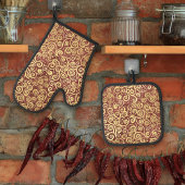 ヴィンテージ金ゴールドスワーズパターンテラエレガントコッタ 鍋つかみ&鍋敷きセット