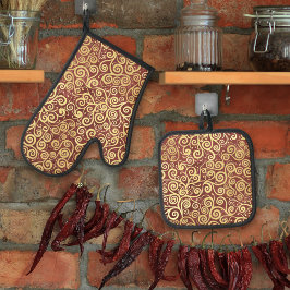 ヴィンテージ金ゴールドスワーズパターンテラエレガントコッタ 鍋つかみ&鍋敷きセット