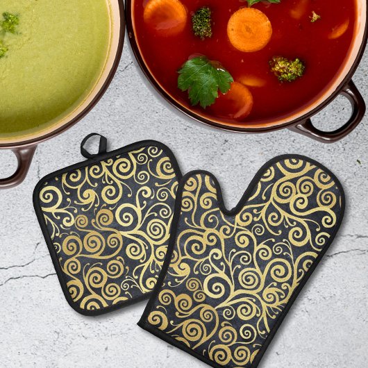 ヴィンテージ金ゴールドスワーズパターンラグジュアリーチャコールグレー 鍋つかみ&鍋敷きセット