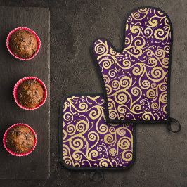 ヴィンテージ金ゴールドスワールパターンシック紫ナス 鍋つかみ&鍋敷きセット