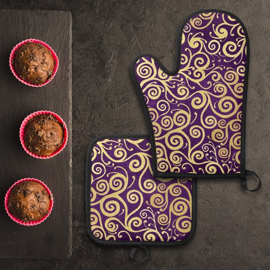 ヴィンテージ金ゴールドスワールパターンシック紫ナス 鍋つかみ&鍋敷きセット