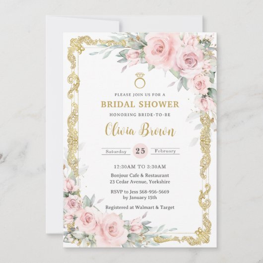 ヴィンテージ金ゴールドソフト赤面ピンクフローラブライダルシャワー 招待状 (正面)