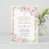 ヴィンテージ金ゴールドソフト赤面ピンクフローラブライダルシャワー 招待状 (スタンド正面)