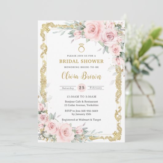 ヴィンテージ金ゴールドソフト赤面ピンクフローラブライダルシャワー 招待状 (スタンド正面)
