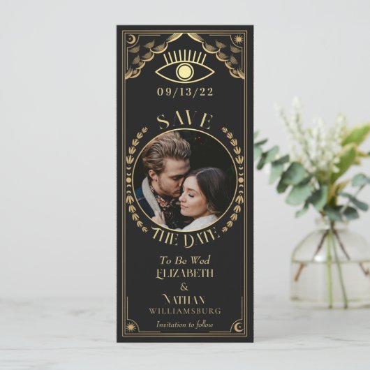 ヴィンテージ金ゴールドタロットカードフォト日付の保存 招待状 (スタンド正面)