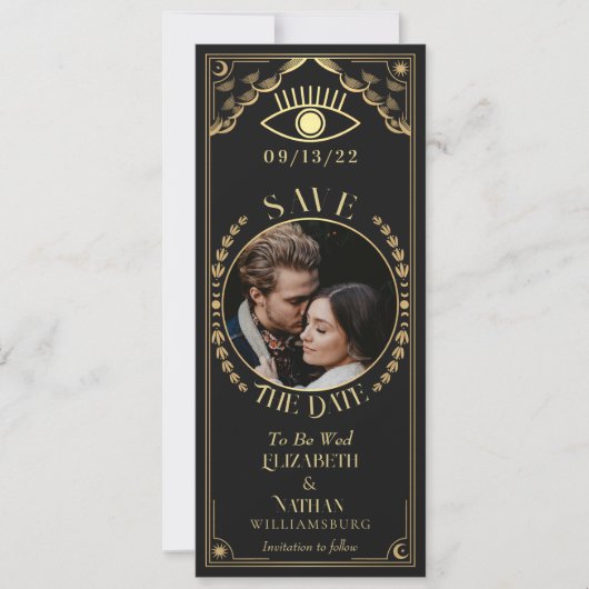 ヴィンテージ金ゴールドタロットカードフォト日付の保存 招待状 (正面)