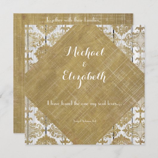ヴィンテージ金ゴールドダマスクと木材と聖書の聖句 招待状 (正面/裏面)