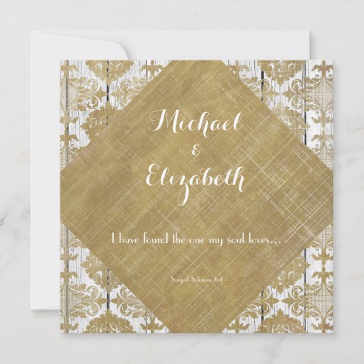 ヴィンテージ金ゴールドダマスクと木材と聖書の聖句 招待状 (正面)