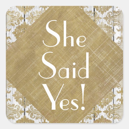 ヴィンテージ金ゴールドダマスクと白木彼女が言ったYes スクエアシール (正面)