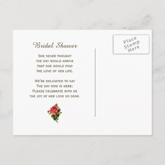 ヴィンテージ金ゴールドダマスクピンクローズブライダルシャワー インビテーションポストカード (裏面)