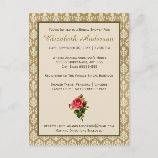 ヴィンテージ金ゴールドダマスクピンクローズブライダルシャワー インビテーションポストカード (正面)