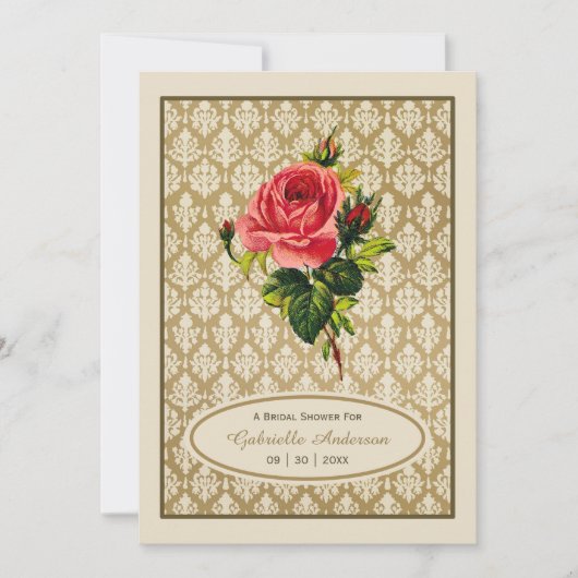 ヴィンテージ金ゴールドダマスクピンクローズブライダルシャワー 招待状 (正面)