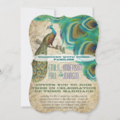 ヴィンテージ金ゴールドダマスクピーコックヴィンテージ4羽根 招待状 (正面)