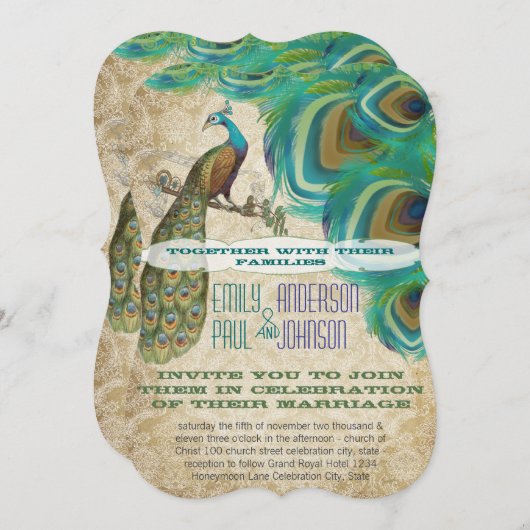 ヴィンテージ金ゴールドダマスクピーコックヴィンテージ4羽根 招待状 (正面/裏面)