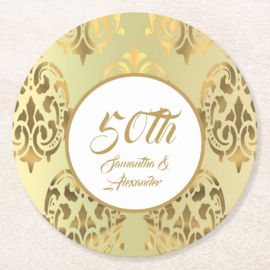 ヴィンテージ金ゴールドダマスク50周年 ラウンドペーパーコースター (正面)