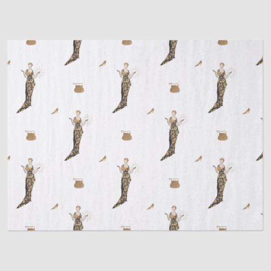 ヴィンテージ金ゴールドドレスの女性+バッグ&シューズ 薄葉紙 (正面)