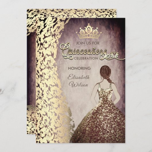 ヴィンテージ金ゴールドドレスダマスティアラ・キンセアニラ 招待状 (正面/裏面)