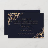 ヴィンテージ金ゴールドネイビーフローラウェディングレセプション 招待状 (正面/裏面)