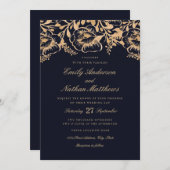 ヴィンテージ金ゴールドネイビーフローラ結婚式招待状 招待状 (正面/裏面)
