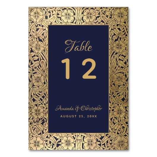 ヴィンテージ金ゴールドネイビーブルーワイルドバラエレガントな結婚式 テーブルナンバー (裏面)