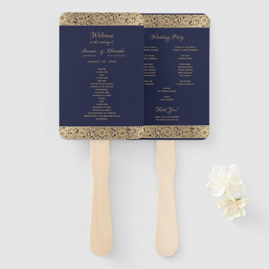 ヴィンテージ金ゴールドネイビーブルーワイルドバラエレガントな結婚式 ハンドファン (正面&裏面)