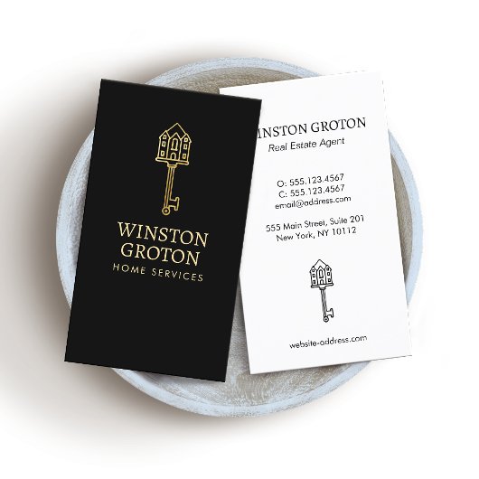 ヴィンテージ金ゴールドハウス鍵ブラックビジネスカード 名刺