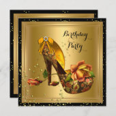 ヴィンテージ金ゴールドバースデーパーティーバラハイヒールスパークル 招待状 (正面/裏面)