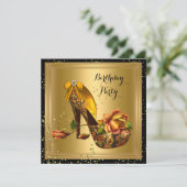 ヴィンテージ金ゴールドバースデーパーティーバラハイヒールスパークル 招待状 (スタンド正面)