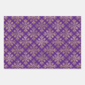 ヴィンテージ金ゴールドパープルダマスク ラッピングペーパーシート (正面)