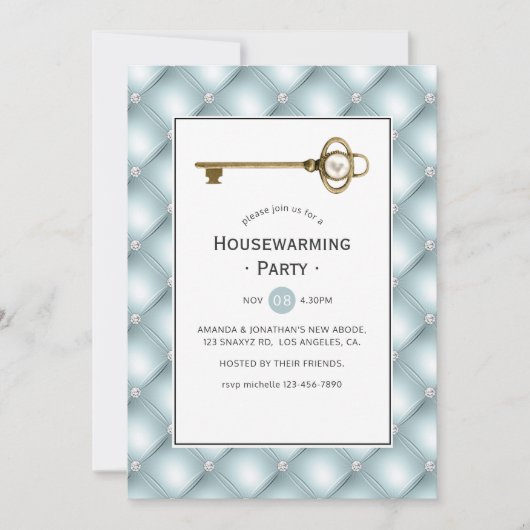 ヴィンテージ金ゴールドパール鍵引っ越し祝いパーティーパーティー 招待状 (正面)