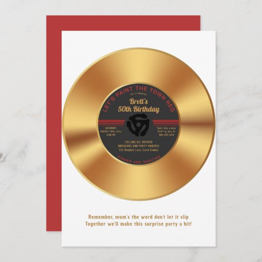ヴィンテージ金ゴールドビニル45レコード驚き誕生日 招待状 (正面/裏面)