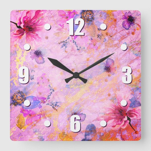 ヴィンテージ金ゴールドピンクフローラ水色ロマンチックなシック スクエア壁時計 (正面)