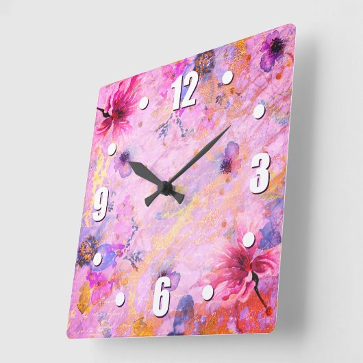 ヴィンテージ金ゴールドピンクフローラ水色ロマンチックなシック スクエア壁時計 (傾斜)
