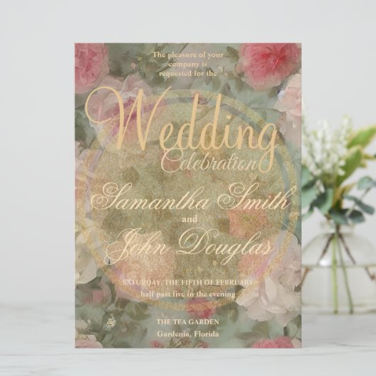 ヴィンテージ金ゴールドピンク色彩の鮮やか白バラ水色 (スタンド正面)