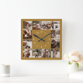 ヴィンテージ金ゴールドファミリー12フォトコラージュキープサケ スクエア壁時計 (ホーム)