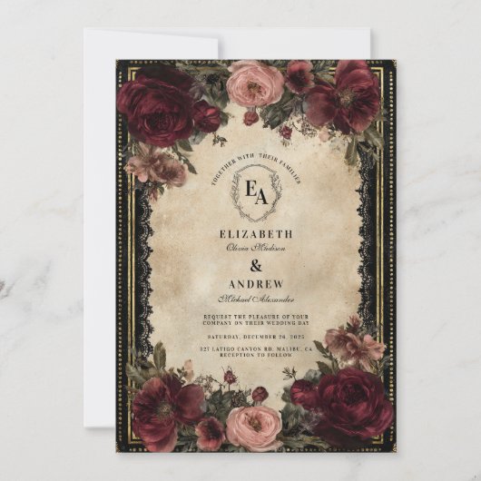ヴィンテージ金ゴールドフィリグリーとクリムゾン花びら 招待状 (正面)