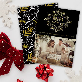 ヴィンテージ金ゴールドフェスティバル葉ハッピーホリデーズフォト 箔シーズンカード