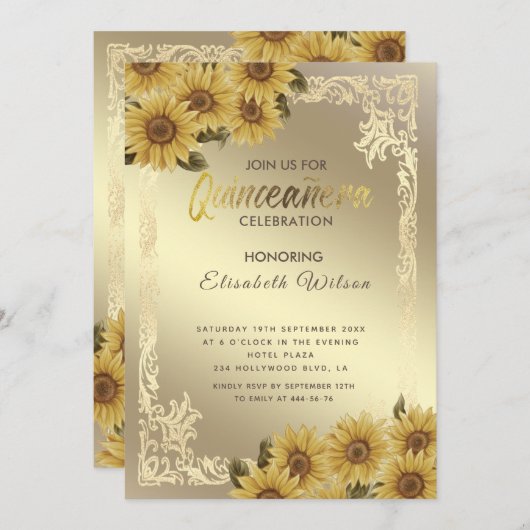 ヴィンテージ金ゴールドフレームひまわりキンセアニラインビタティ 招待状 (正面/裏面)