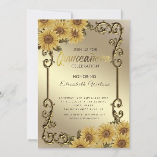 ヴィンテージ金ゴールドフレームひまわりキンセアニラ 招待状 (正面)