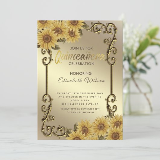 ヴィンテージ金ゴールドフレームひまわりキンセアニラ 招待状 (スタンド正面)