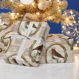 ヴィンテージ金ゴールドフレームバードニュースプリントのクリスマス ラッピングペーパー