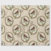 ヴィンテージ金ゴールドフレームバードニュースプリントのクリスマス ラッピングペーパー (フラット)